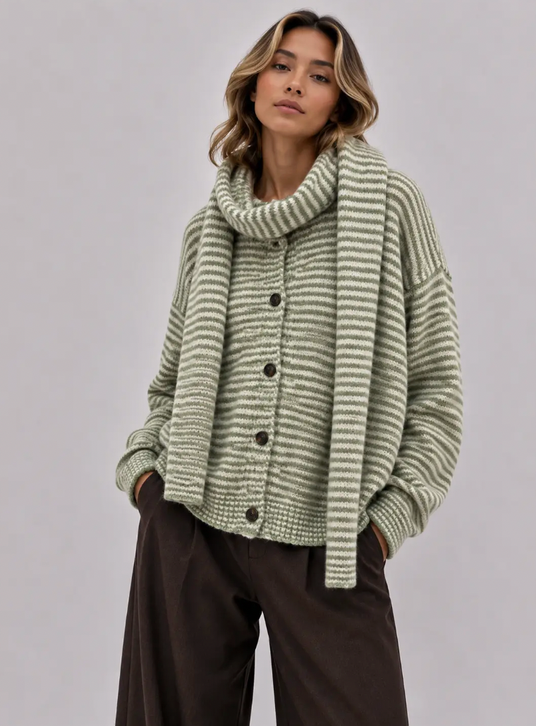 Striped knit cardigan with matching slim scarf - [shop_name Strathaven] [womens clothing]