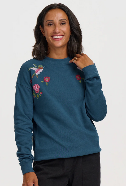 Sugarhill Brighton Noah sweatshirt in teal cross stitch