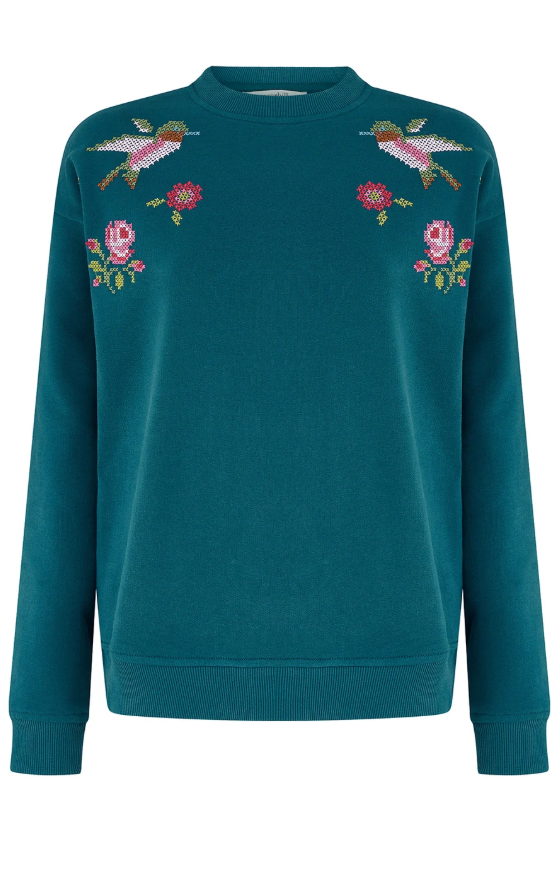 Sugarhill Brighton Noah sweatshirt in teal cross stitch - [shop_name Strathaven] [womens clothing]