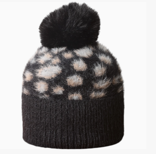 Jess & Lou fluffy, leopard print bobble hat