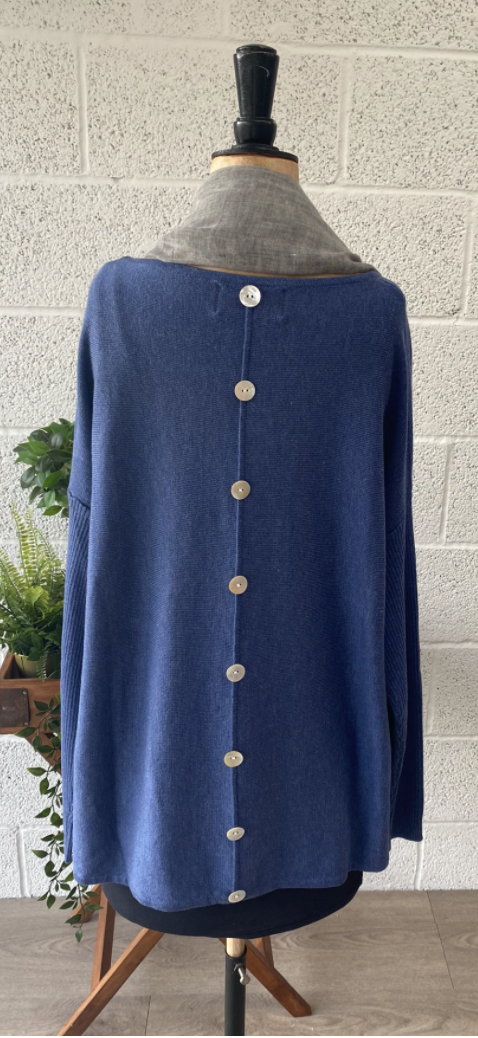 Mid blue sweater with buttons down the back - leafy green